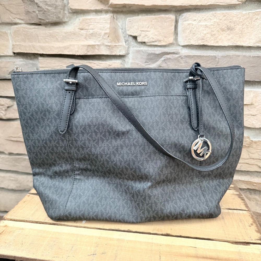Michael Kors Jet Set Travel Tote Bag Black Monogram Signature Large Zip Top